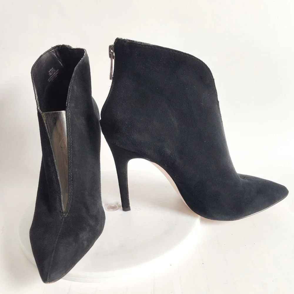 Jessica‎ Simpson Ankle Boots 7 Black Suede PVC V-Cut Stiletto Heel Piercie Sexy